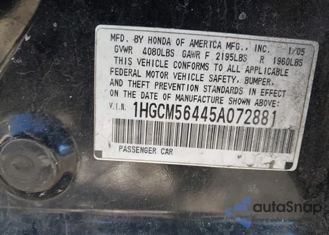 2005 Honda Accord 2.4 Lx из США, поврежденный, VIN 1HGCM56445A072881